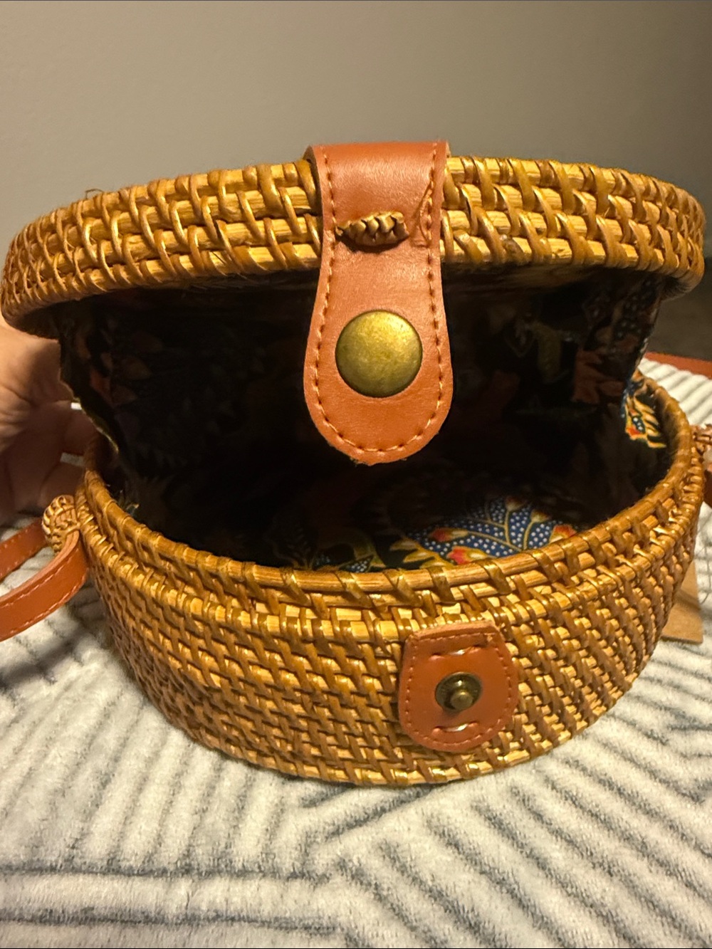Collection XIIX Round Woven Crossbody Bag in Mustard Yellow with Brown Strap - Picture 5 of 5